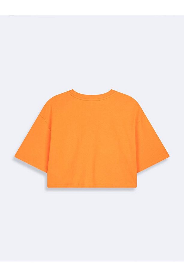Baskılı Basıc Örme Kare Crop Sloganlı Turuncu T-shırt - 2
