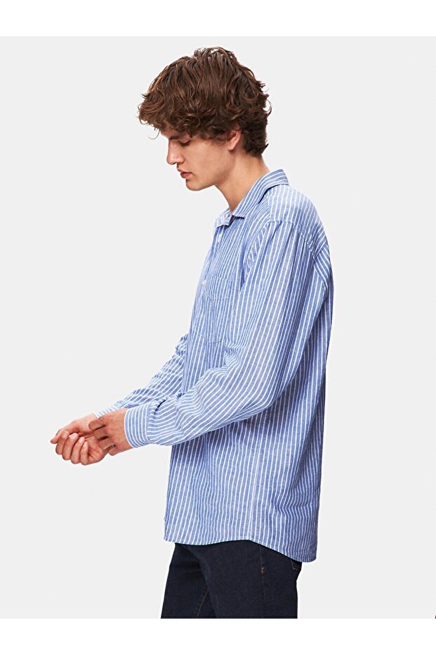Relaxed Keten Görünümlü Çizgili Mavi Gömlek - 4