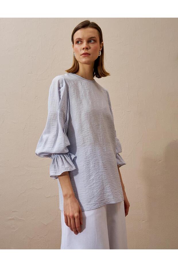 Sırtı Bağcıklı Poplin Bluz Mavi - 2