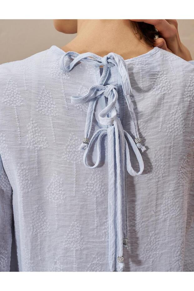 Sırtı Bağcıklı Poplin Bluz Mavi - 7