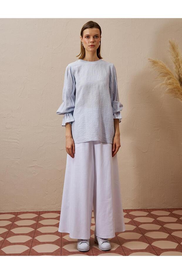 Sırtı Bağcıklı Poplin Bluz Mavi - 4