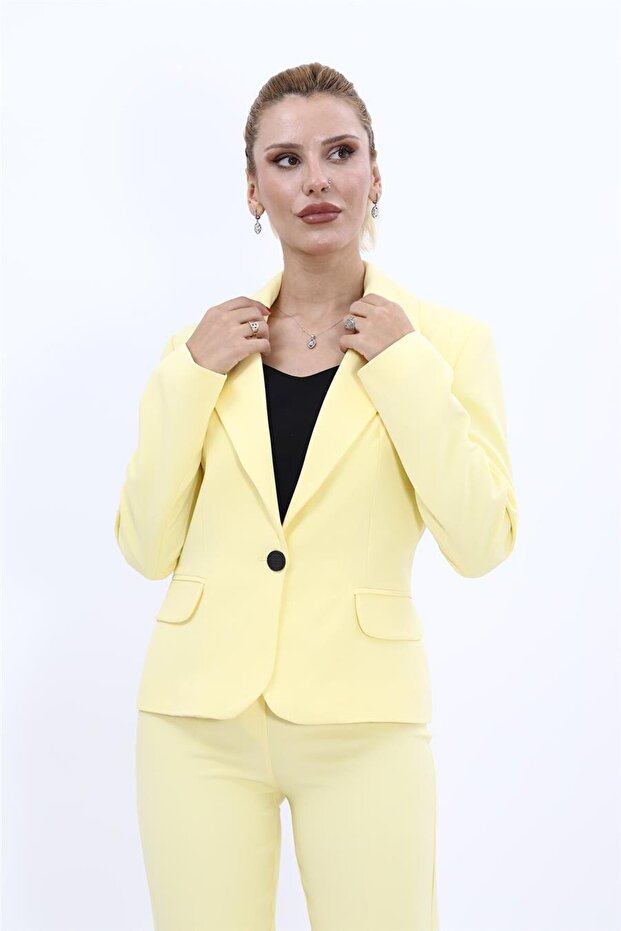 Plus Size - Collared Single Button Jacket-Yellow