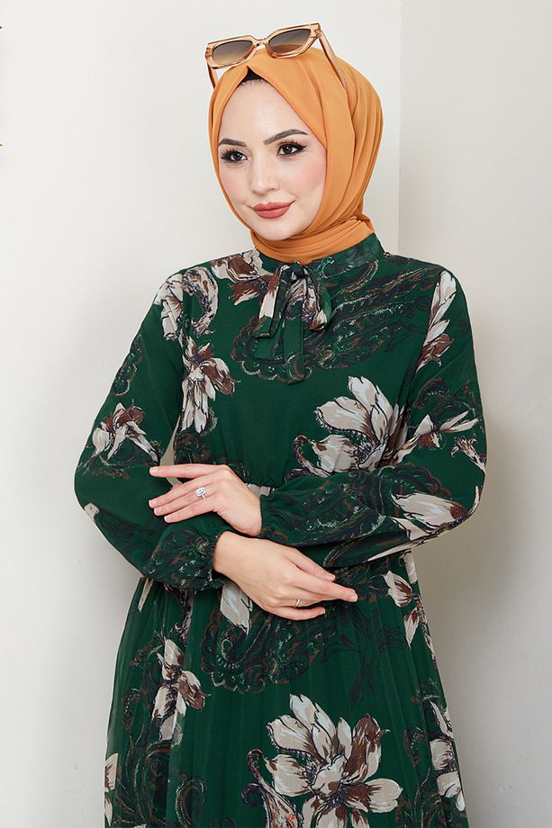 Çiçek Desenli Tesettür Elbise 5035ANT904-M Zümrüt - 4