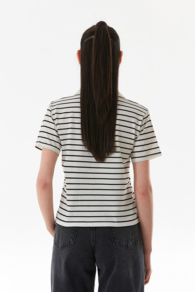 Çizgili Polo Yaka Tişört - 4