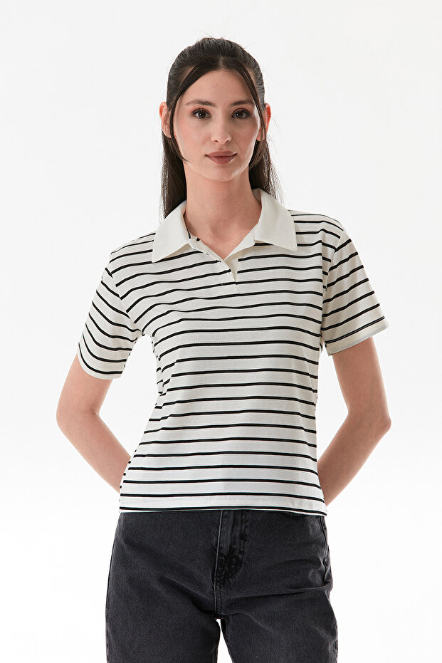 Çizgili Polo Yaka Tişört - 6