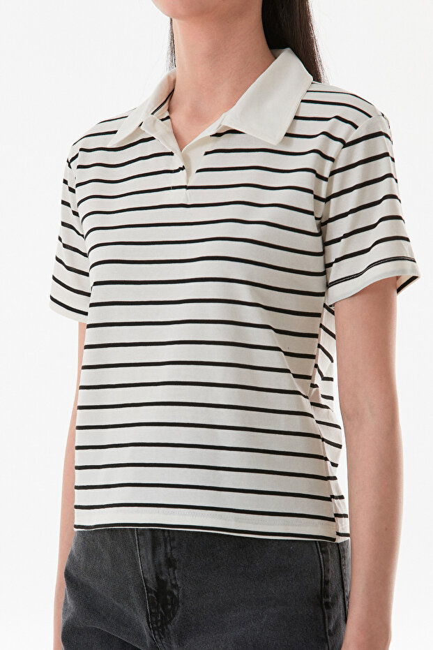 Çizgili Polo Yaka Tişört - 7