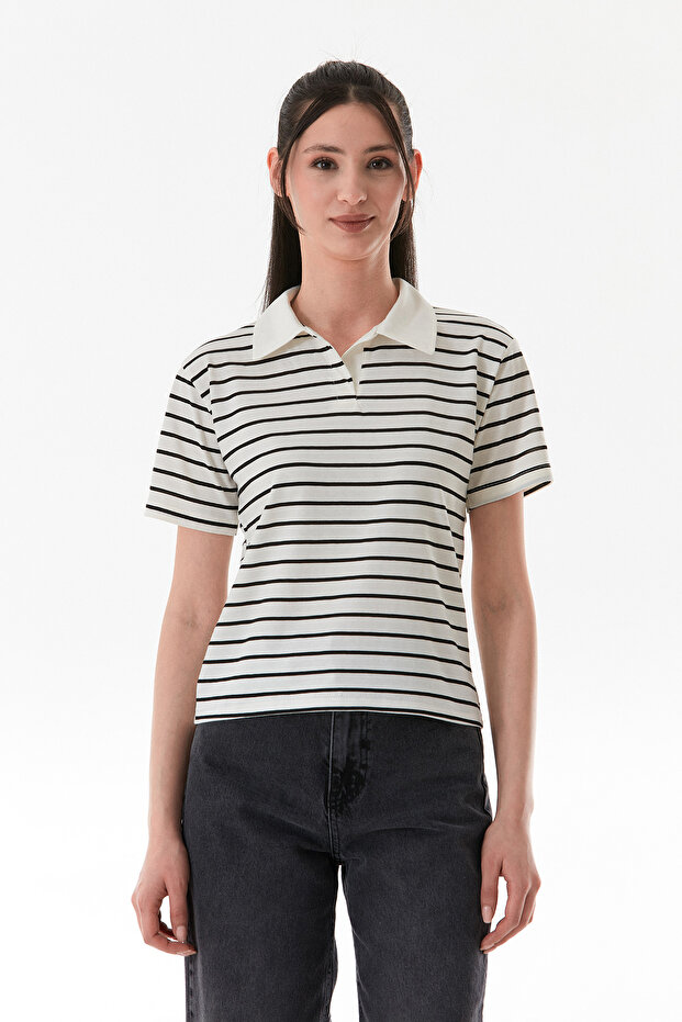 Çizgili Polo Yaka Tişört - 1