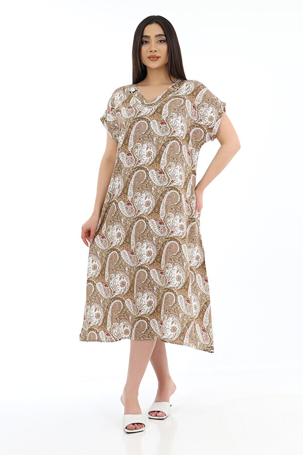 Women's Viscose Half Sleeve V-Neck Dress with Ring Pockets Brown