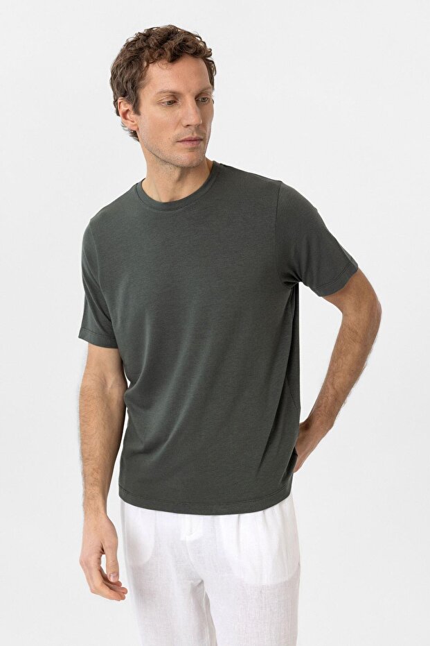 Haki Regular Fit Basic Erkek T-Shirt - 3