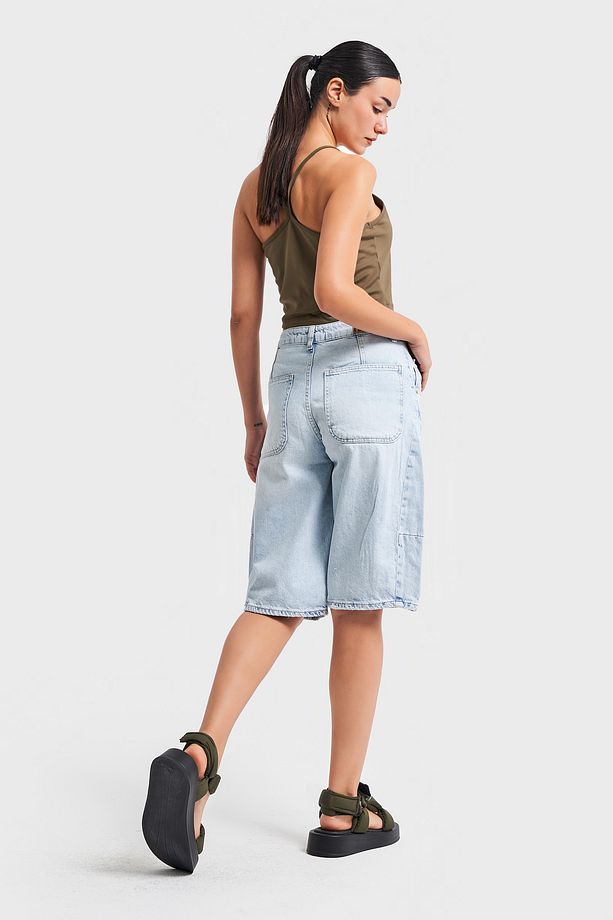 Kadın Snow Kot Rengi Midi Boy Barrel Fit Denim Şort - 4