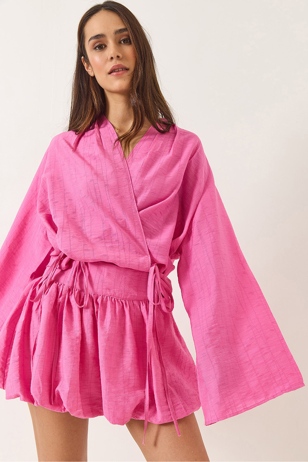 Women's Candy Pink Mini Balloon Skirt with Tie Detail Kimono Top and Bottom Set 60434 60283137