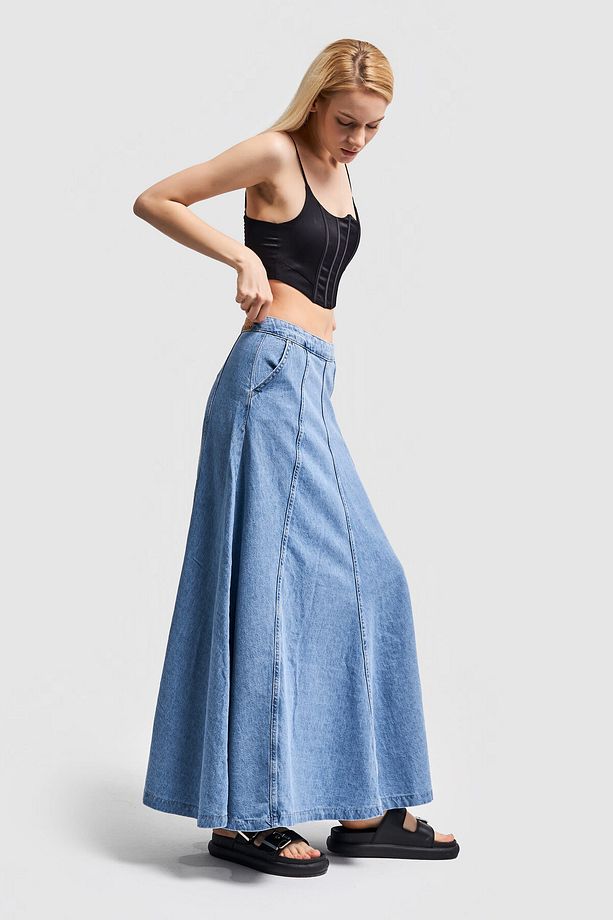 Kadın Mavi Renk A Form Maxi Boy 102 cm Denim Etek - 5