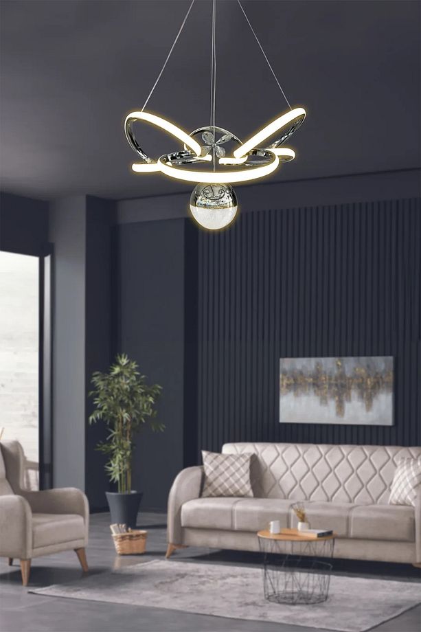 Kral Tacı Model Tek Toplu Led Avize - 3 Renk Kumandalı Krom - 2