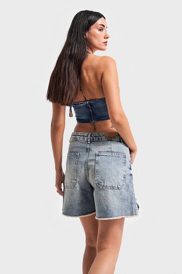 Kadın Tint Kot Rengi Kemer Detaylı Önden Cepli Denim Şort - 6