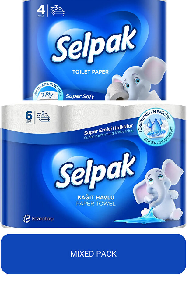 Super Soft Bathroom R. Toilet Paper 3ply 4 Rolls x Super Absorbent Kitchen Paper Towel 3Ply 6 Rolls
