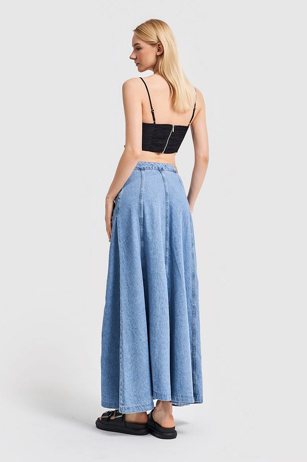 Kadın Mavi Renk A Form Maxi Boy 102 cm Denim Etek - 3