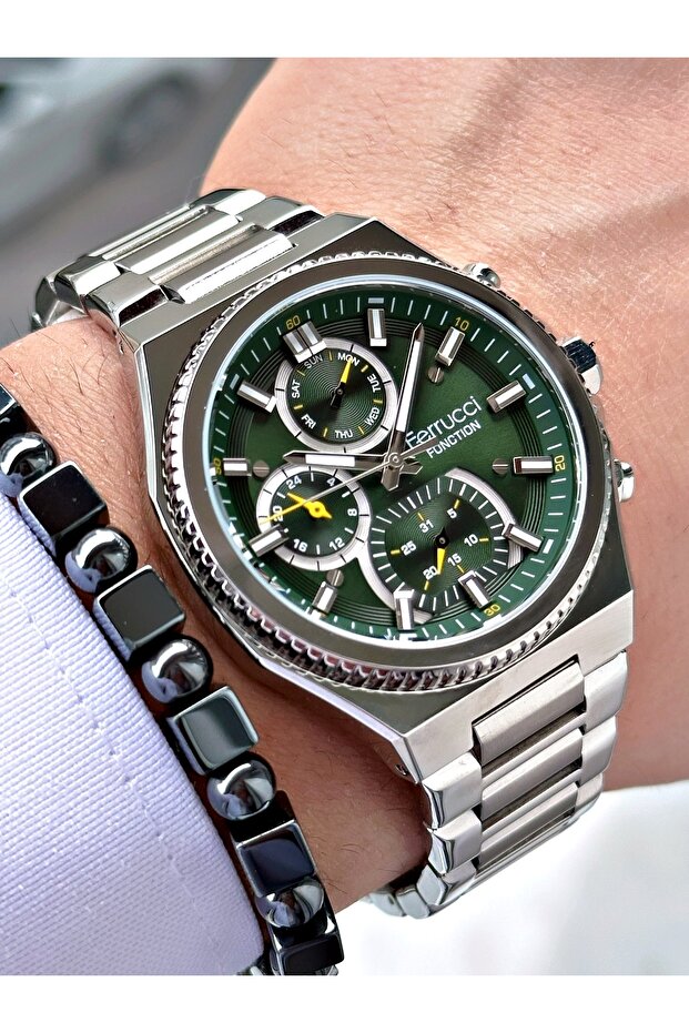 Ferrucci̇ Function Silver Metal Men's Wristwatch with Green Dial
