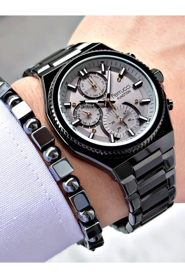 Ferrucci̇ Function Black Metal Men's Wristwatch with Gray Dial