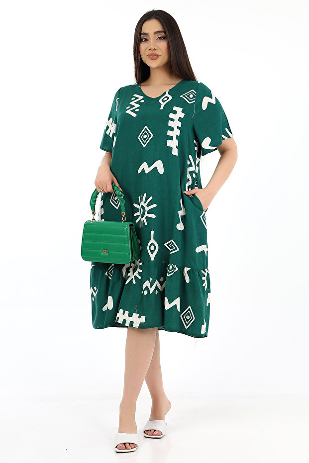 Women's Viscose Half Sleeve V Neck Pocket Ruffle Dress Dark Green