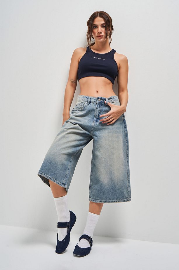 Kadın T.Kot Rengi 2S5-84 Süper Baggy Fit Maxi Boy %100 Koton Denim Şort - 5