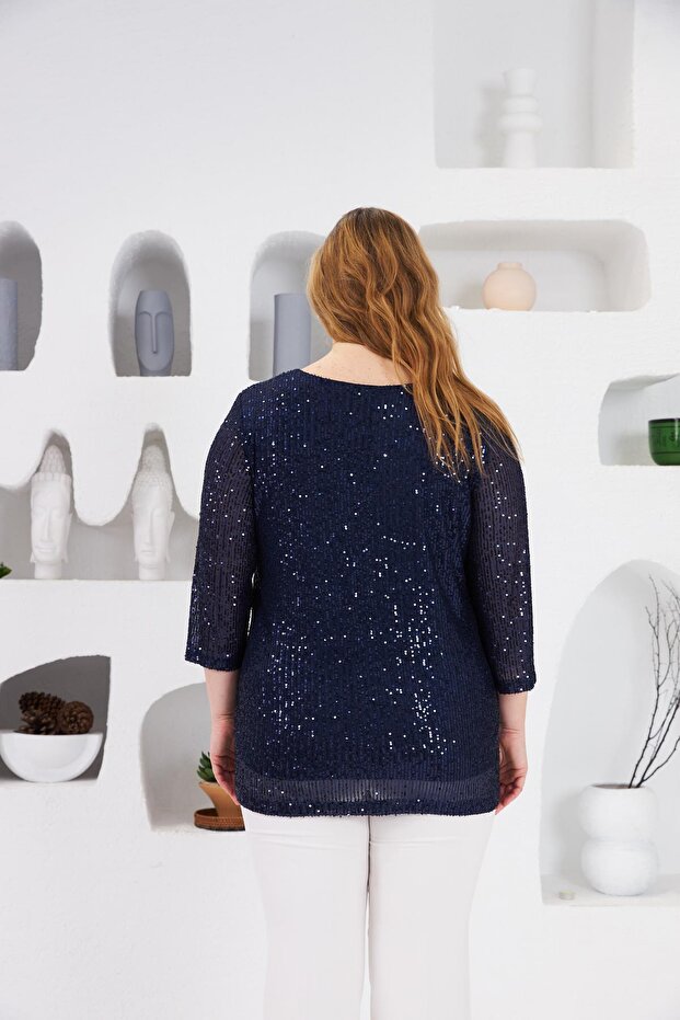 بلوزة كبيرة الحجم مبطنة بالترتر باللون الأزرق الداكن1 - 6