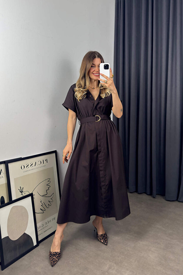 Bitter Brown Belted Shirt Dress