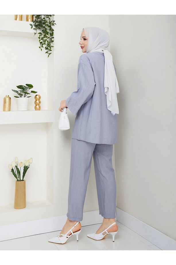 Önü Bağlamalı Çilek Kumaş Pantolonlu Takım - 4