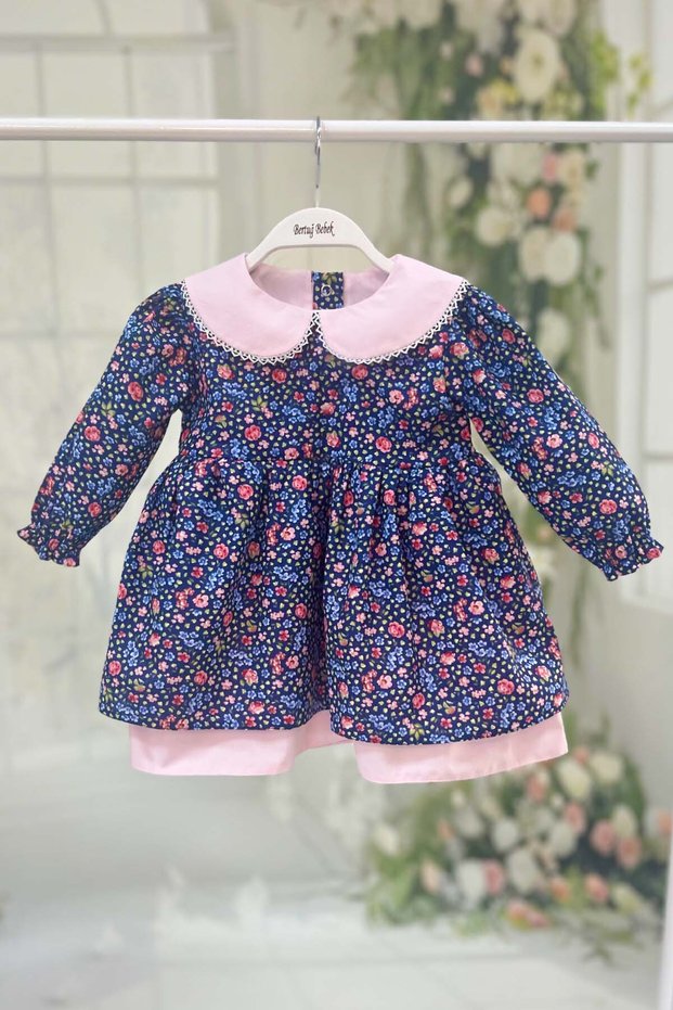 Floral Girl's Baby Lace Baby Collar Blue Pink Cotton Dress
