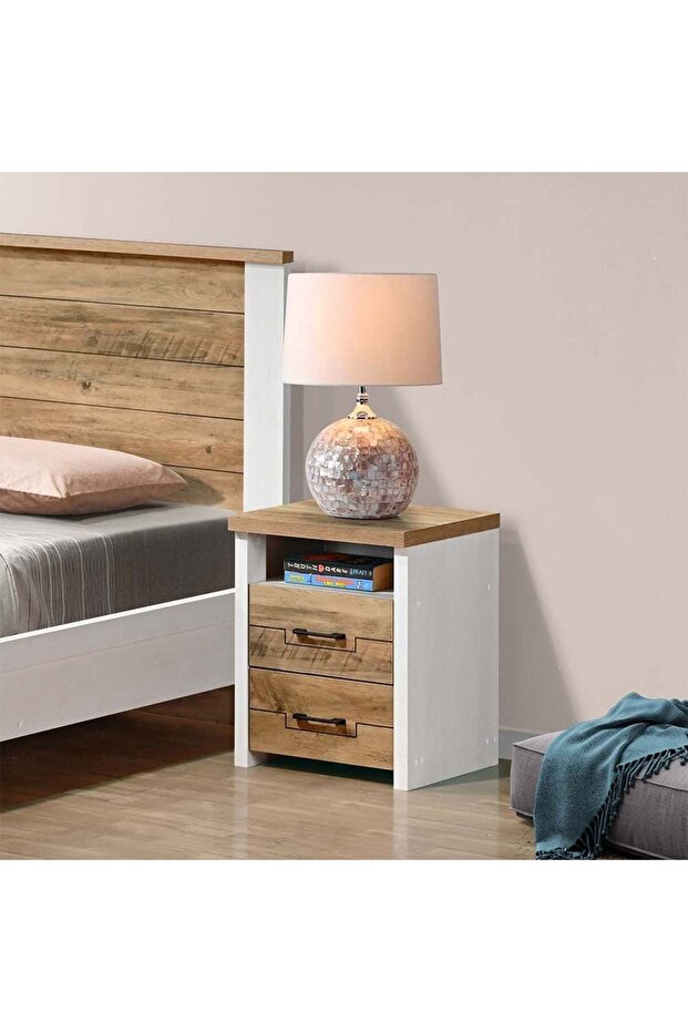 Swann 2 Drawer Nightstand Multifunctional Bedside Table-Summer Oak/Pearl White L40xW40xH52cm