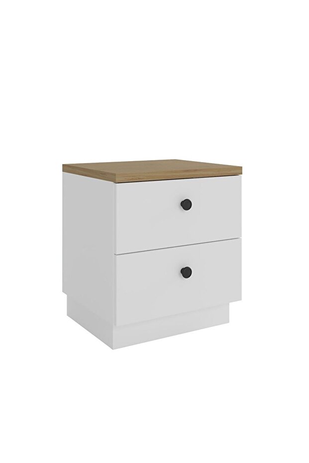 Pera 2 Drawer Night Stand Multifunctional Bedside Table-White/Light Oak L38.5xW45xH50.5cm