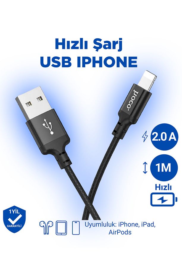 X14 2.4a Iphone Uyumlu Lightning To Usb Hızlı Şarj Veri Kablosu Siyah 1 Metre - 1