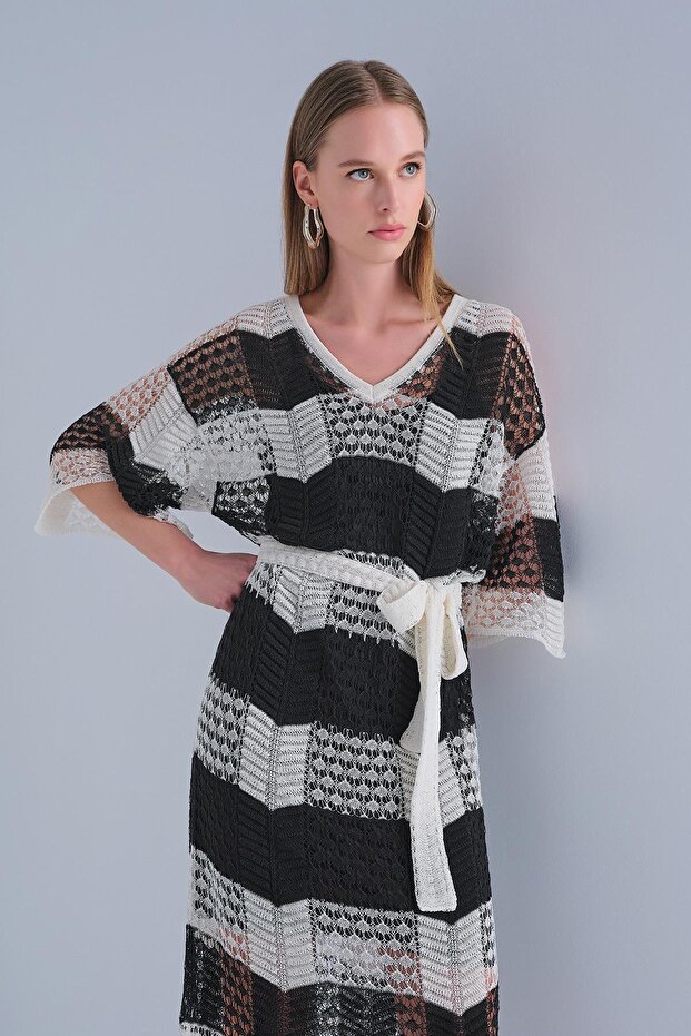 V Yaka Astarlı Kuşaklı Multi Elbise - 4