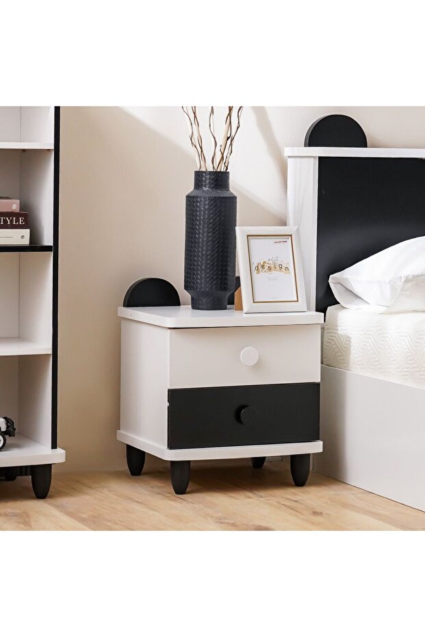 Panda 2 Drawers Nighstand Multifunctional Bedside Table-White & Black L45xW40xH47.6cm