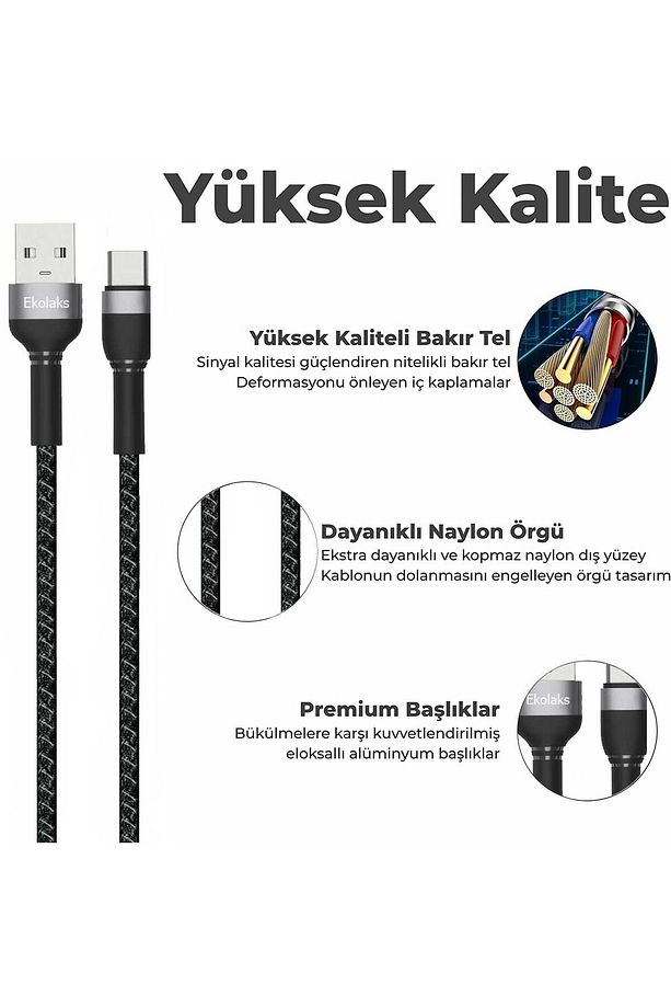 Type-c Usb Süper Hızlı Şarj Kablosu Hasır Örgü Tasarım Dayanıklı 1 Metre Uzun Kablo 5a 40 Watt - 3