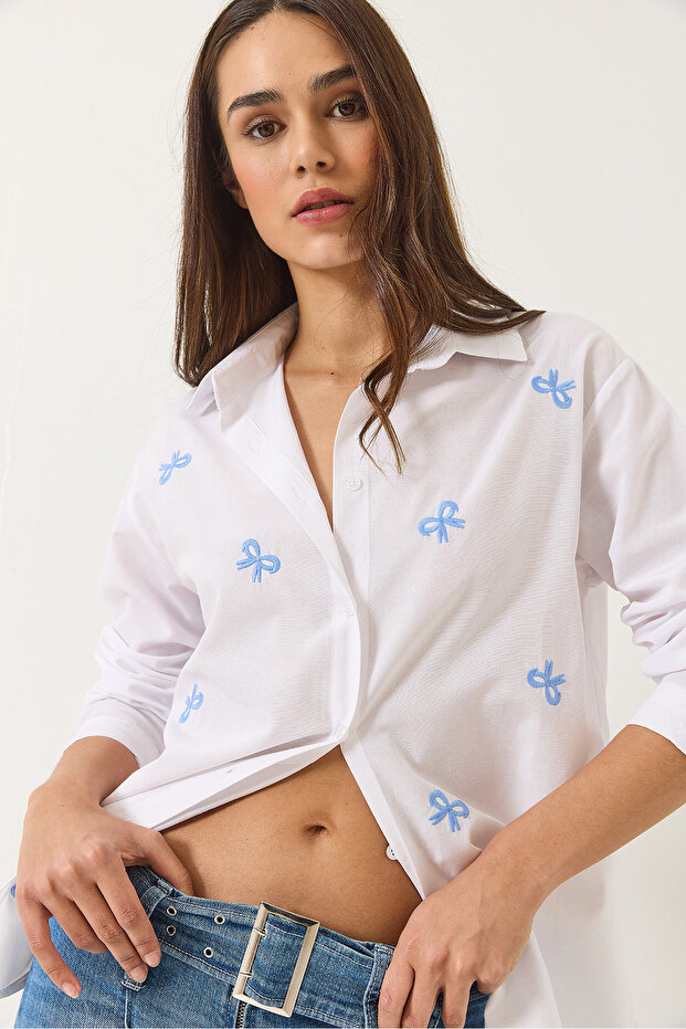 Women's White Ribbon Embroidered Long Sleeve Regular Shirt 60284027