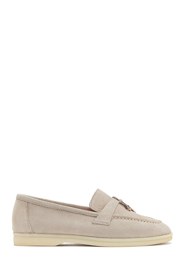 Beige Suede Leather Women's Loafer - Masculine 24sfd130210