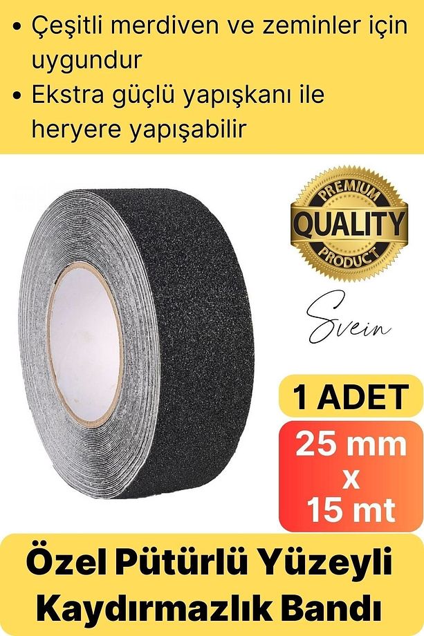 Premium 25mm x 15mt Siyah Kaydırmaz Bant Yapışkanlı Merdiven Basamak Zemin Güçlü Tutunabilen Halı - 1