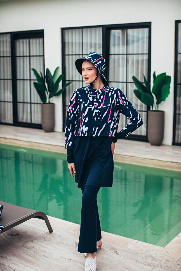 Electra Storm Women's Short Patterned Zippered Full Covered Hijab Swimsuit Set of 3