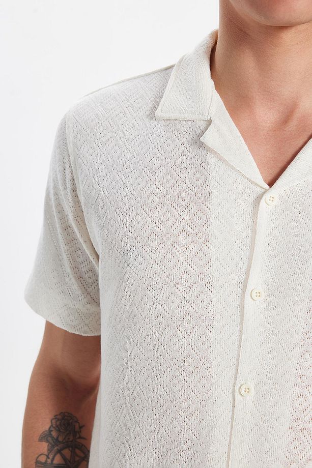 Erkek Slim Fit Dar Kesim Kısa Kollu Örme Doku Apaş Yaka Ekru Gömlek - 3