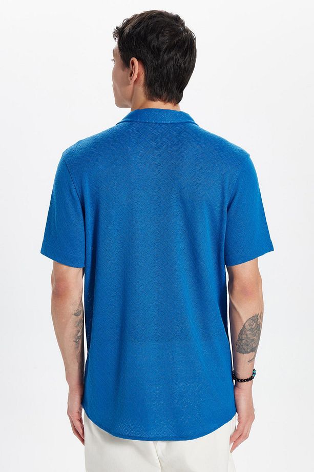 Erkek Slim Fit Dar Kesim Kısa Kollu Örme Doku Apaş Yaka Saks Mavi Gömlek - 5
