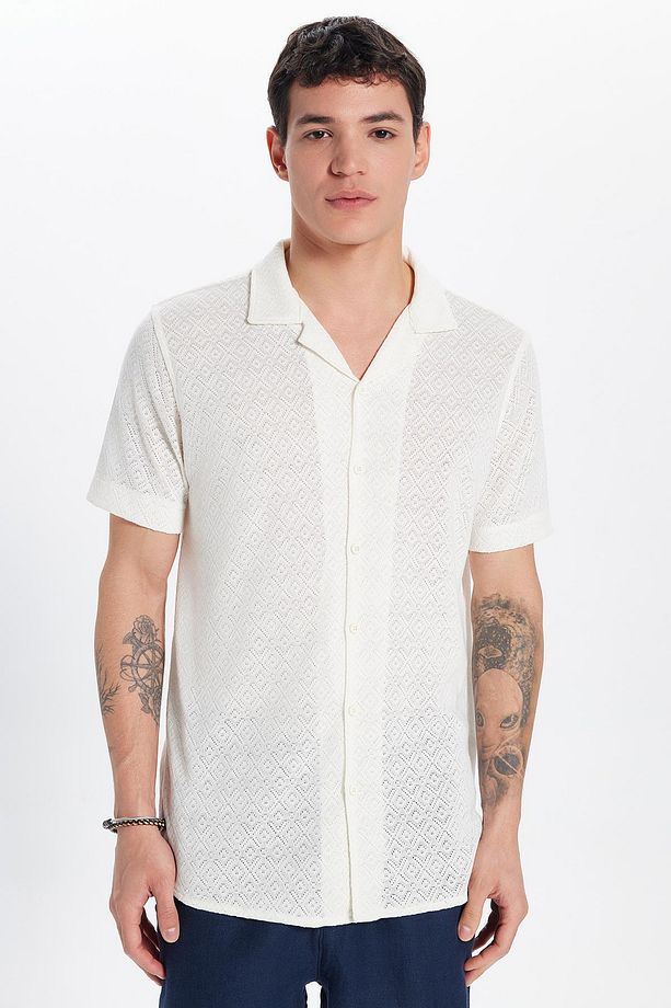 Erkek Slim Fit Dar Kesim Kısa Kollu Örme Doku Apaş Yaka Ekru Gömlek - 4