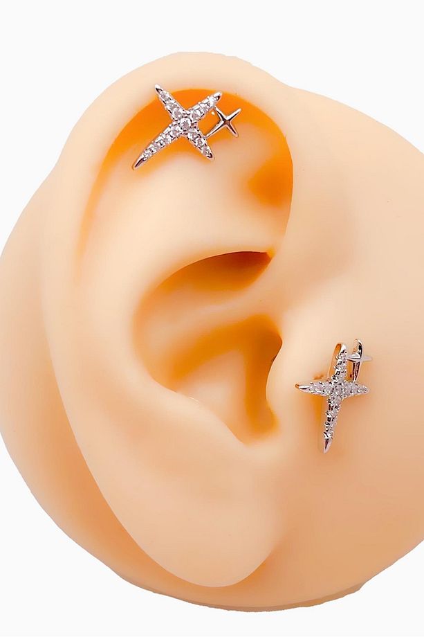 Cerrrahi Çelik Zirkon Taşlı Çift Haç Tragus Helix Piercing (1adet) - 1