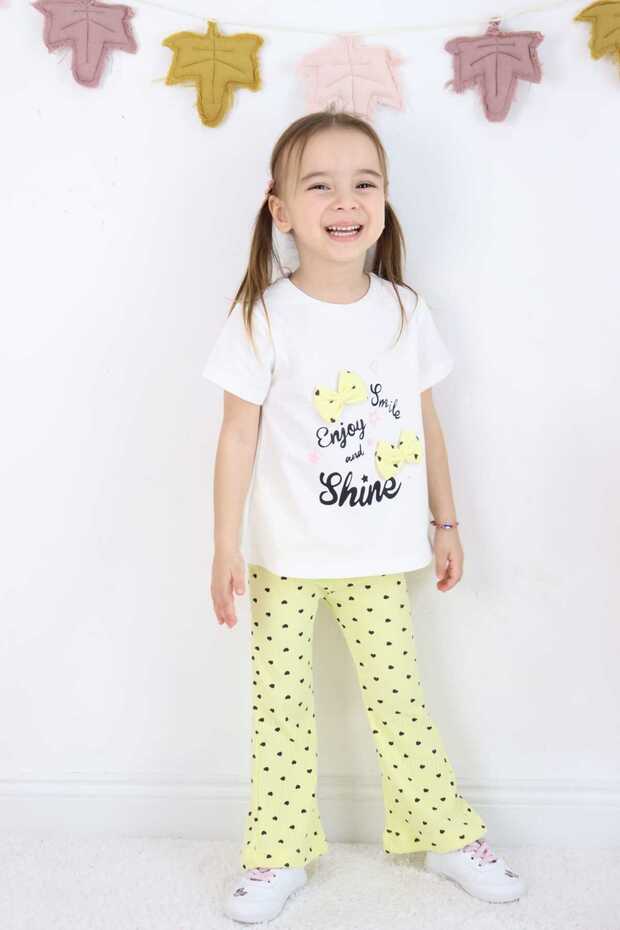 Girl's Heart Printed Tights Top with Printed Bow Detail Bottom Top Set