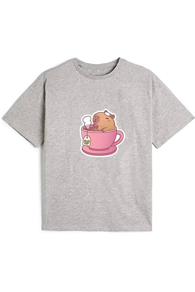 Kaliteli Pamuk Penye Erkek Kız  Çocuk Baskılı Tshirt 5 6 7 8 9 10 11 12 13 14 yaş Capybara Kapibara - 1