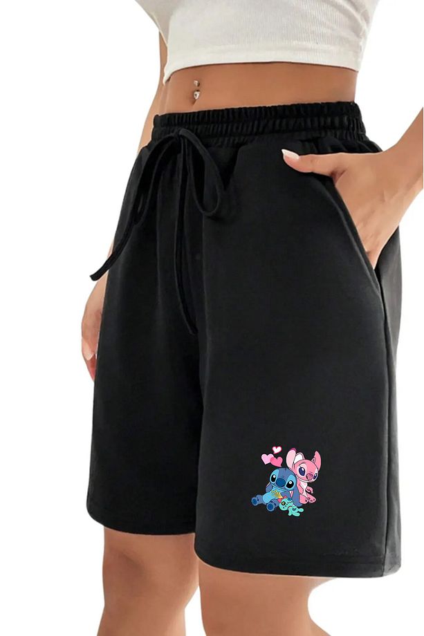 Siyah Gri 2'li Düz Renk Kadın Regular Şort Lilo Stitch Kuromi Hellokitty - 3