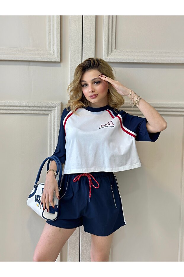 Beli Bağcıklı Lastikli Şort Crop Takım - 2