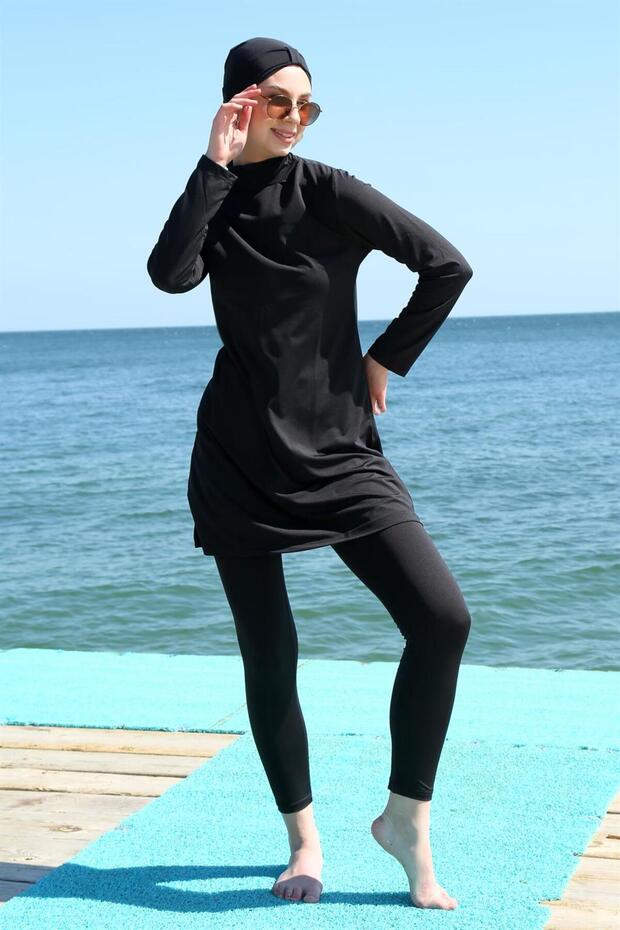 Fashion Stripe Long Sleeve Lycra Black Hijab Swimsuit 31055