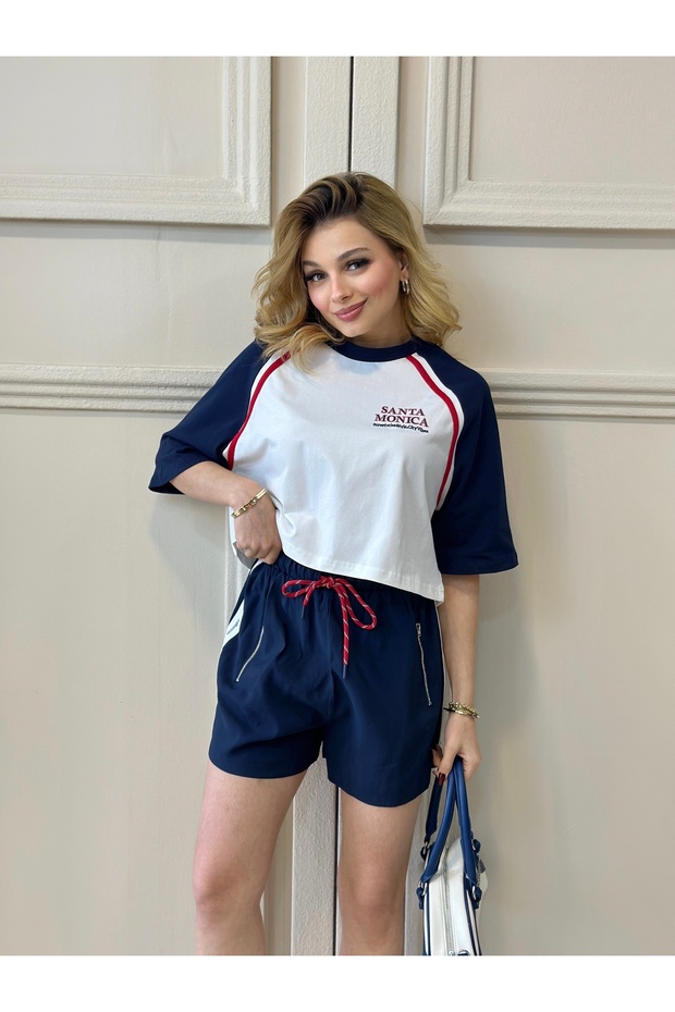 Beli Bağcıklı Lastikli Şort Crop Takım - 1