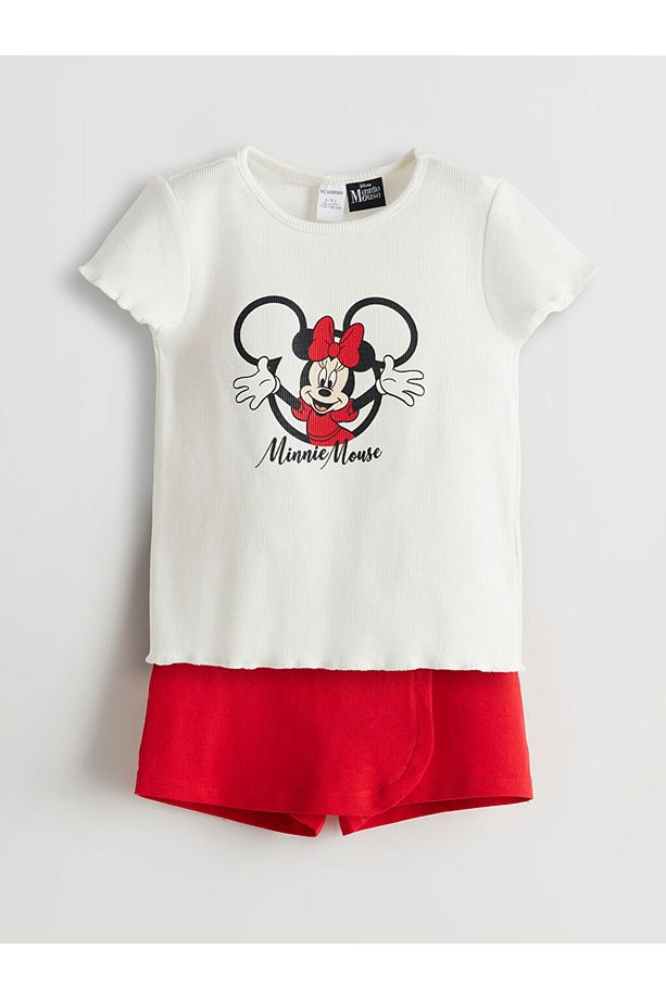 LCW Kids Ekru Minnie Mouse Baskılı Kız Çocuk Tişört ve Şort Etek - 1