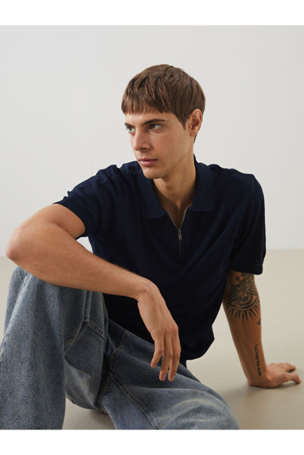Xside Navy Blue Polo Neck Short Sleeve Men's Knitwear Sweater